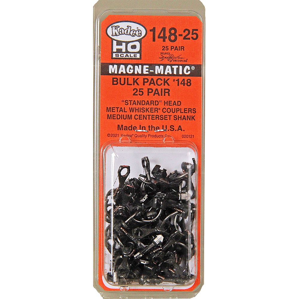 Kadee 148-25 - HO Scale Bulk Pack - 25 pair #148 Whisker® Metal Couplers - Medium (9/32") Centerset Shank