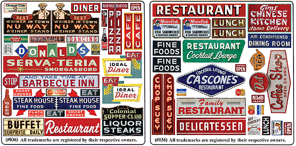 Blair Line 036 - N scale - Printed Storefront & Advertising Signs -- Restaurant & Cafe Signs