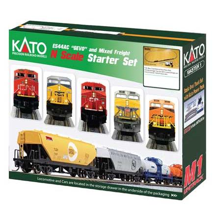Kato 106-0022 - N Scale - GE ES44AC GEVO Mixed Freight Starter Set - Standard DC --  Canadian Pacific(Boxcar Logo), 6 Cars; Unitrack M1 Basic 4-1/2 x 2' Oval, Power Pack
