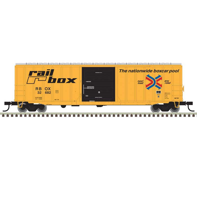 Atlas Trainman 20 006 719 - HO ACF(R) 50'6" Boxcar - Ready to Run -- Railbox 32682 (yellow, black, Large Logo)