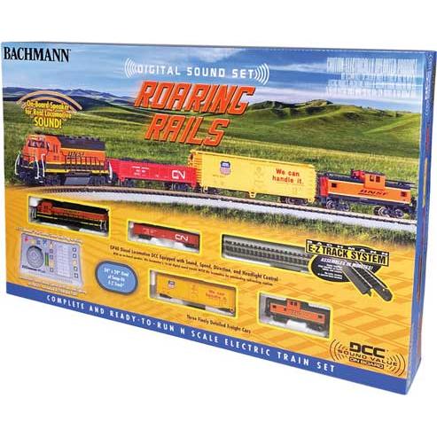 Bachmann 24132 - N Scale - Roaring Rails Diesel Train Set - Sound and DCC - BNSF Railway GP40, 3 Cars; E-Z Track Oval, Controller