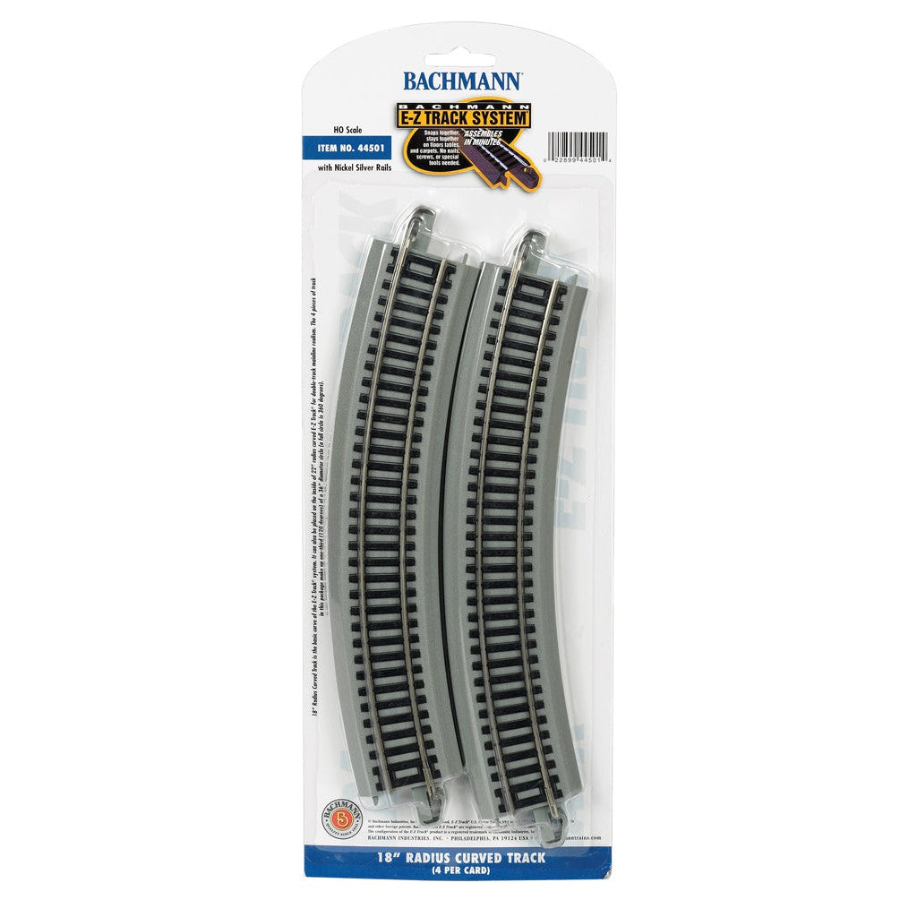 Bachmann 44501 - HO Scale - Curved Track w/ Nickel Silver Rail & Gray Roadbed - E-Z Track(R) - 18" 45.7cm Radius pkg(4)