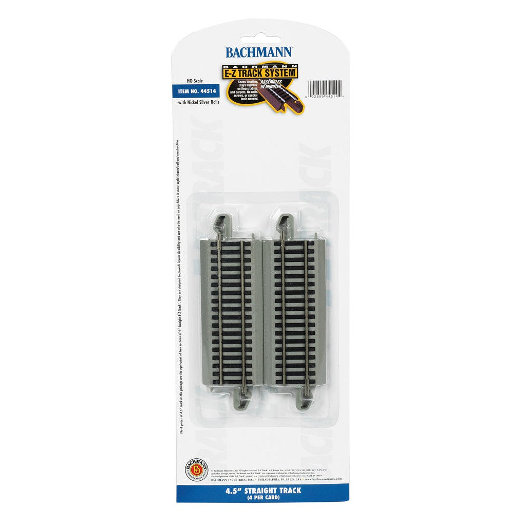 Bachmann 44514- HO Scale - Straight Track w/Nickel Silver Rail & Gray Roadbed - E-Z Track(R) - 4-1/2" 11.4cm pkg(4)