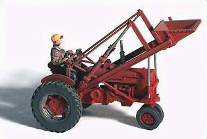 GHQ 60-005 - HO Scale - Farm Machinery (Unpainted Metal Kit) -- 1953 Red Farm Tractor with Front Loader (Includes Farmer Figure)