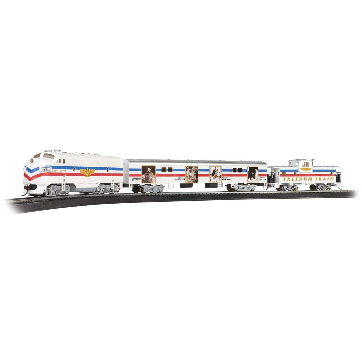 Bachmann 767 - HO Scale - 	Norman Rockwell Freedom Train Set - Standard DC -- EMD F7, Display Car, Wide-Vision Caboose, E-Z Track Oval(R) Speed Controller