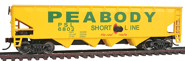 Walthers Trainline 931-1658 - HO 	Offset Quad Hopper - Ready To Run -- Peabody Short Line #6802